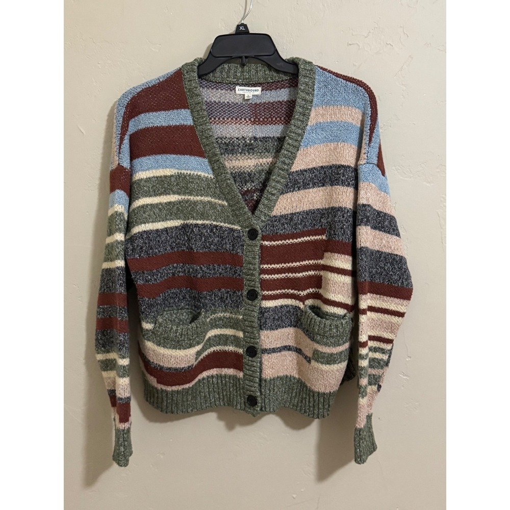 earthbound trading co, striped cardigan green brown blue grandpa button pockets